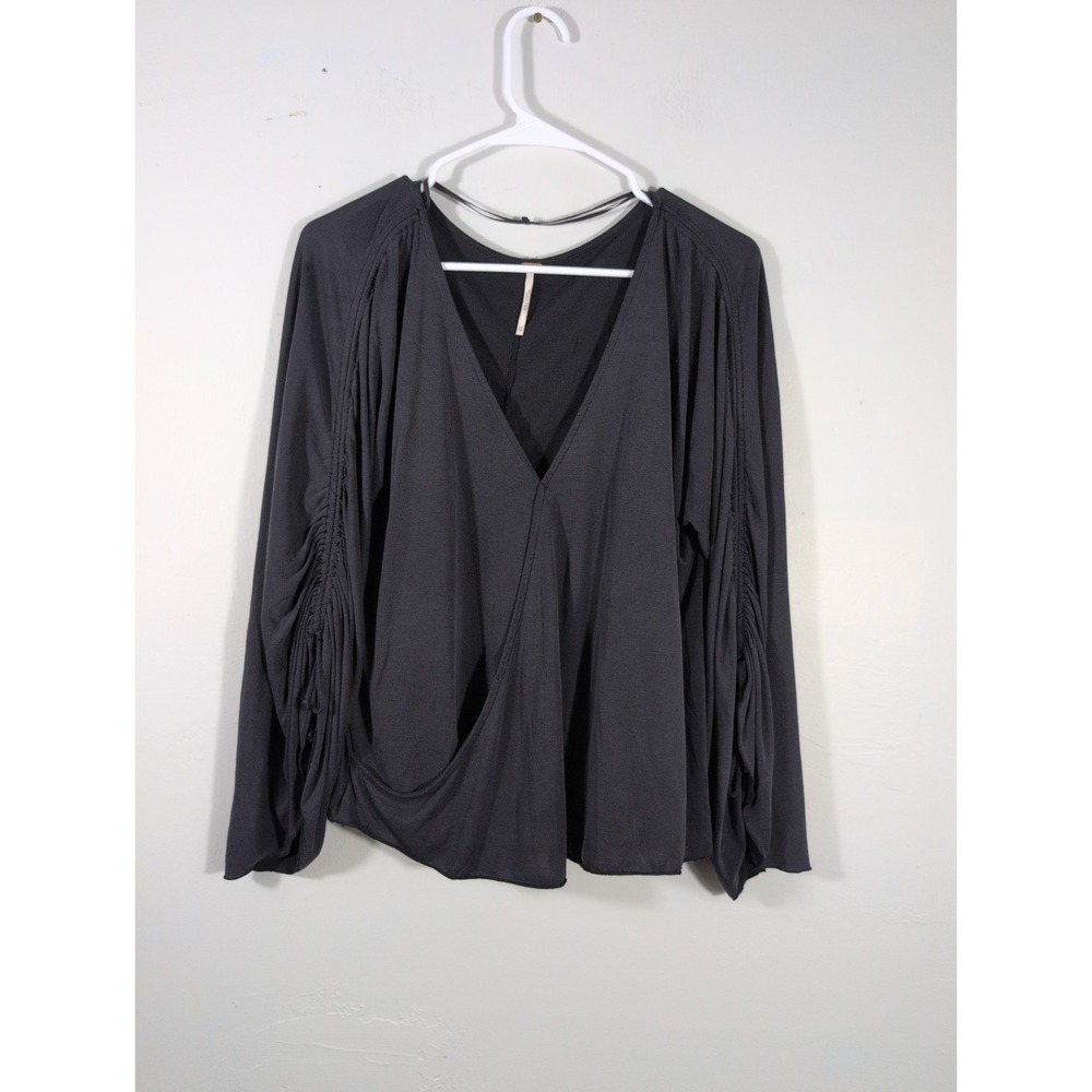 Free People Surplus Black Top With Ruched Sleeves XS